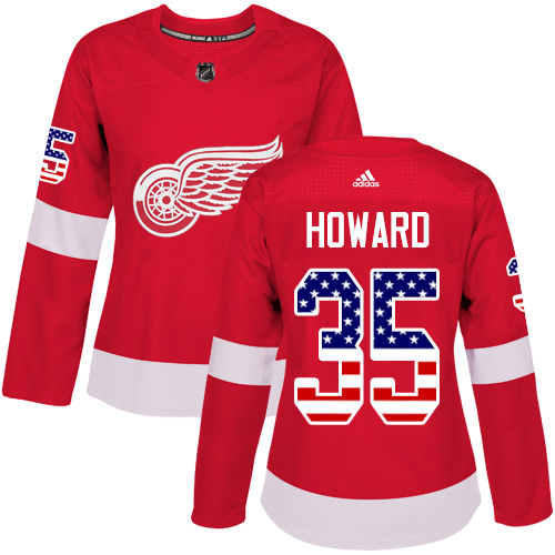 Adidas Red Wings #35 Jimmy Howard Red Home Authentic USA Flag Women's Stitched NHL Jersey - Click Image to Close